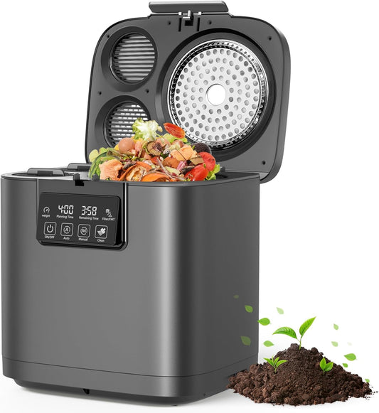 Electric Kitchen Composter, 4L Large Capacity Smart Indoor Compost Bin with Timer Display, 2 Detachable Carbon Filter, Compost Machine Odorless for Countertop, Turn Waste into Natural Fertilizer,Grey