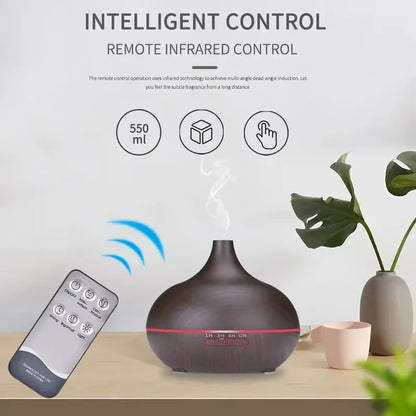 Air Humidifier Aromatherapy Essential Oil Diffuser Wood Grain 500Ml Ultrasonic Remote Control 7 Color Lights for Home Bedroom ﻿