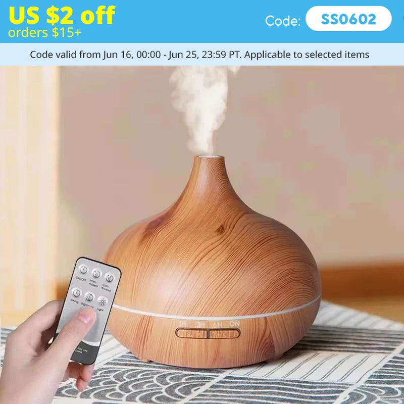 Air Humidifier Aromatherapy Essential Oil Diffuser Wood Grain 500Ml Ultrasonic Remote Control 7 Color Lights for Home Bedroom ﻿